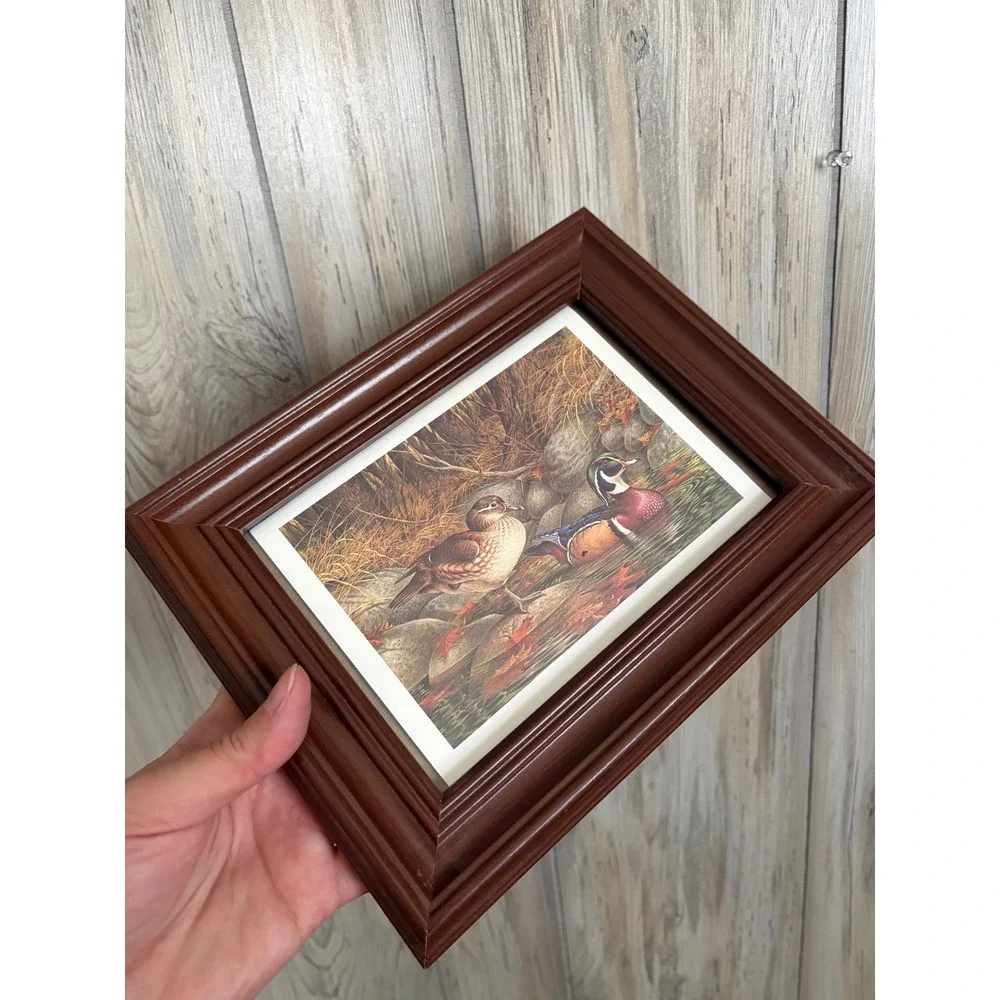 Vintage Wood Duck Nature Print in Brown Wood Frame Rustic Cabin Decor